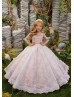 Beaded Ivory Lace Tulle Flower Girl Dress With Pink Lining